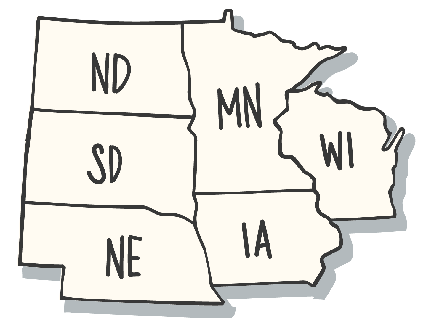 Map of Rescue Network's focus areas: North Dakota, South Dakota, Minnesota, Iowa, Nebraska, and Wisconsin