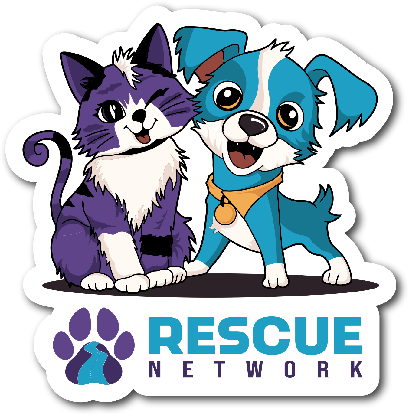 The 2026&ndash;27 Rescue Network mascot: a purple cat and a blue dog with the Rescue Network wordmark